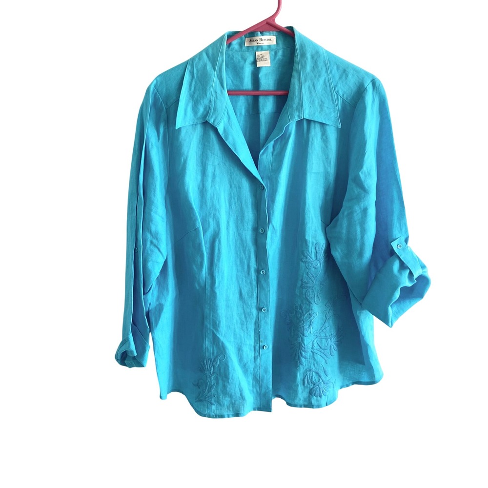 Susan Bristol Woman Turquoise Linen Embroidered Roll Tab Sleeve Shirt Size 1X